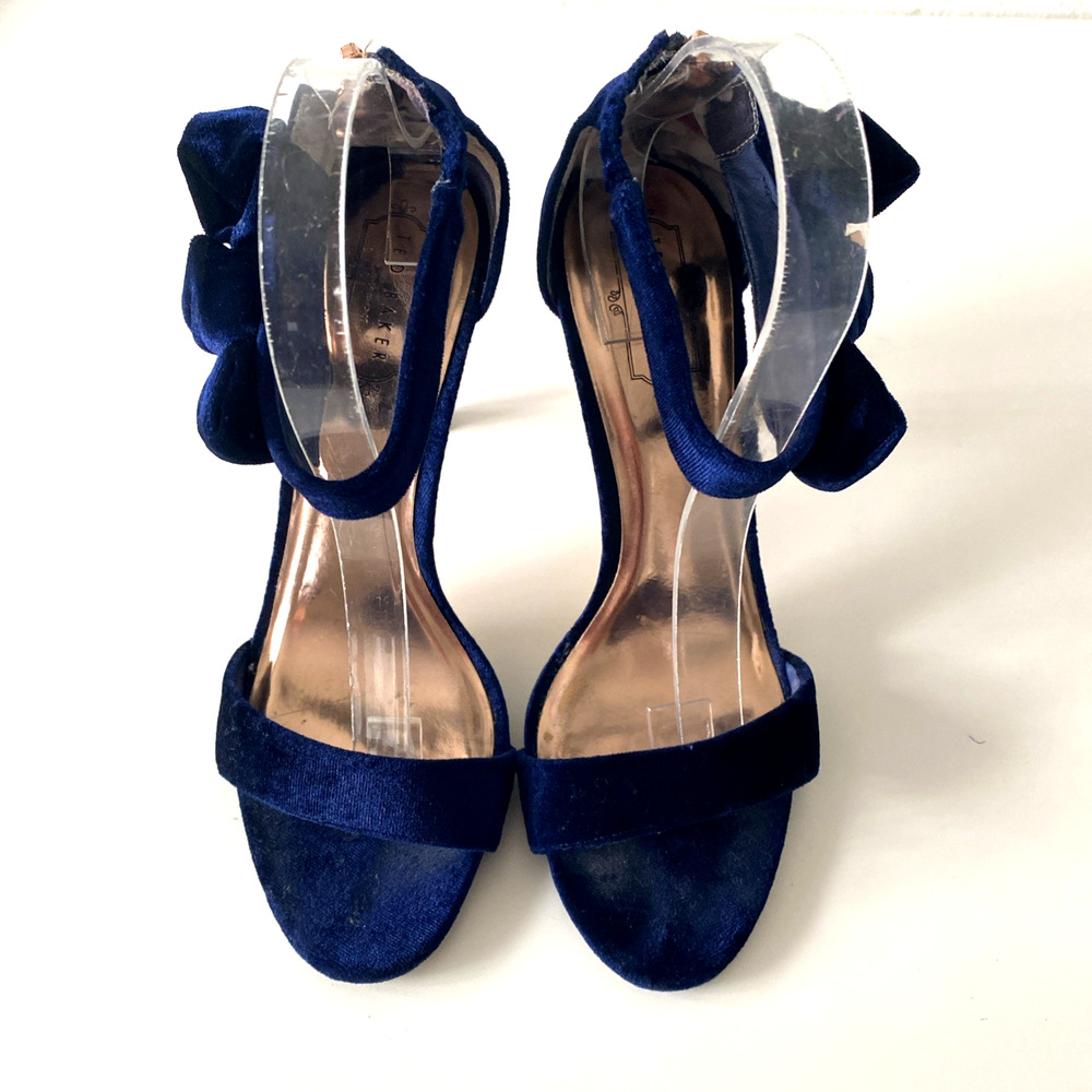 Ted Baker Torabel Velvet Blue Sandal Open Toe Slim Heel Stiletto Bow Back Zip 40 - Picture 6 of 10